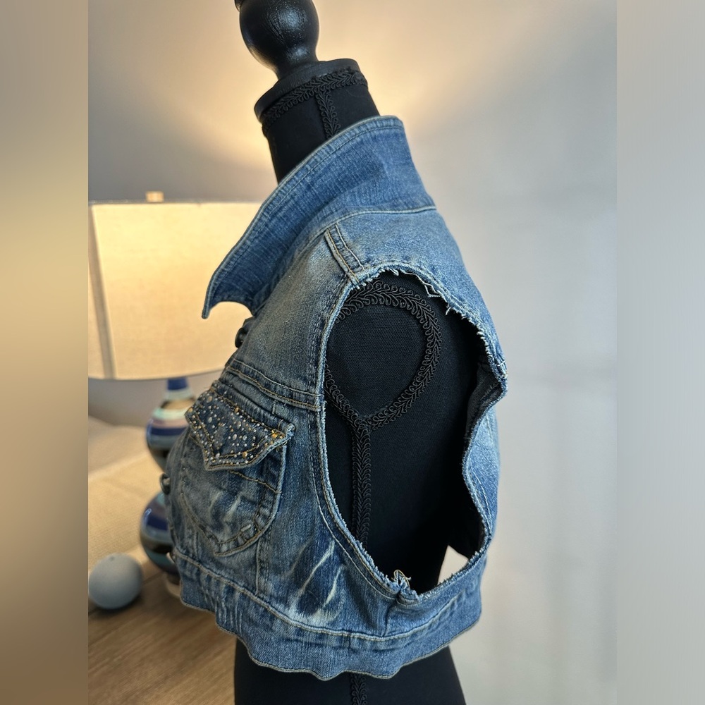 Americana Blues Distressed Embellished Sleeveless Vest - Size S - Picture 9 of 13